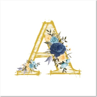 Monogram Letter A In Metallic Gold With Aesthetic Blue Flowers Botany Posters and Art